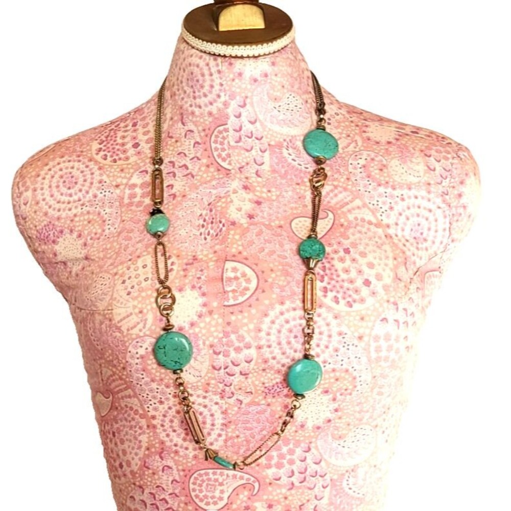 Silver Tone Turquoise Large Beads Long Statement Necklace Vtg
